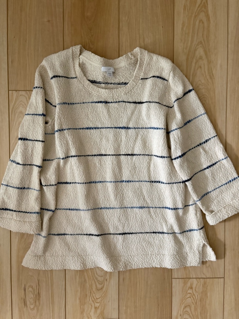 J. Jill Cream Textured Boucle Knit Top Cream with Navy Stripes Relaxed Summer